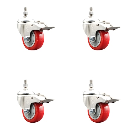 Service Caster 3 Inch 316SS Red Polyurethane Wheel Swivel 10mm Stem Caster Set Lock Brake SCC-SS316TSTTL20S314-PPUBRED-M1015-4
